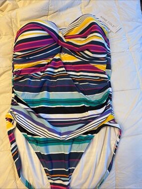 Anne Cole Navy Multicolor Striped Twist-Front One-Piece Swimsuit